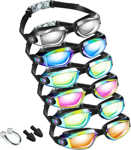 Miniatura 6 de Flutesan Paquete de 6 gafas de natación para adultos y niños, anti niebla, con tapones para los oídos, clip para la nariz, sin fugas, protección