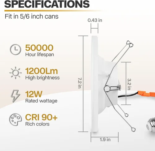 Miniatura 3 de 1 paquete de luces LED de 5/6 pulgadas con luz nocturna, iluminación LED empotrable retrofit de 5CCT, seleccionable de 2700K-6000K, regulable, 12W =