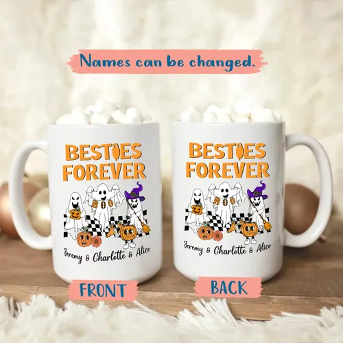 Miniatura 2 de Taza de café blanca personalizada de Halloween Besties, Besties Forever y 3 tazas de café Boo de 11 onzas y 15 onzas, bonita taza de cerámica Boo