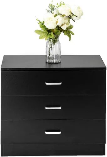 Miniatura 6 de Vasitelan Cómoda de madera con 3 cajones, cómoda de almacenamiento moderna, mesita de noche de madera para dormitorio, sala de estar (negro)