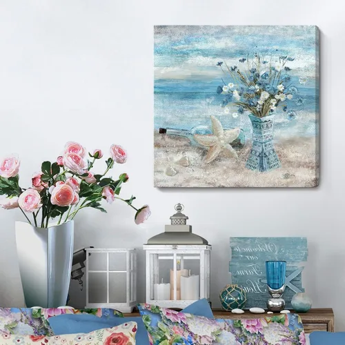 Miniatura 3 de Arte de pared para decoración de baño, imagen de playa azul, tema oceánico, impresión en lienzo de flores, pintura moderna de paisaje marino