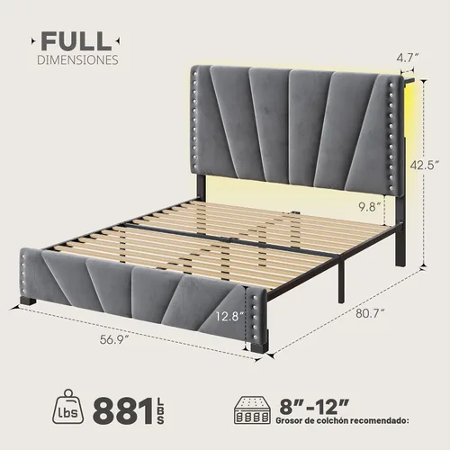 Miniatura 2 de EnHomee Base de cama de plataforma individual con cabecera ajustable tapizada de terciopelo, luces LED y estación de carga para dormitorio, Beige