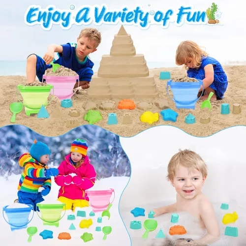 Miniatura 5 de RACPNEL Juguetes de playa plegables para niños, set de 3 cubos de arena y palas plegables con bolsa de malla, cubetas de silicona para elementos