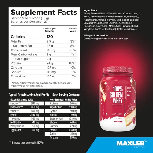 Miniatura 5 de Maxler 100% proteína de suero de leche dorada, 0.85 oz de proteína por porción, proteína de suero en polvo para antes del entrenamiento