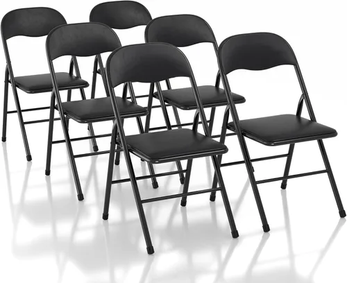 VECELO Juego de 6 sillas plegables portátiles de metal con asientos acolchados de poliuretano suave para el hogar, oficina, fiesta, color negro