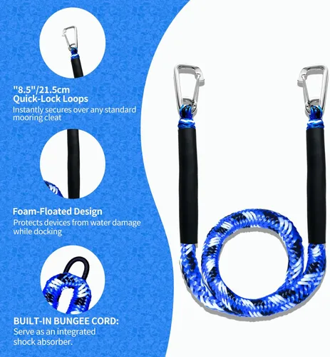 Miniatura 4 de Paquete de 2 líneas elásticas para muelle con ganchos dobles y tubos flotantes - Cuerdas de barco resistentes para moto acuática, pontón, kayak, 4