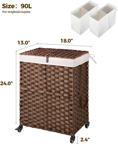 Miniatura 69 de GREENSTELL Cesta para ropa sucia con ruedas y tapa, 130 L, cesta grande de 3 secciones con 2 tipos de bolsas de forro extraíbles, 5 bolsas de malla
