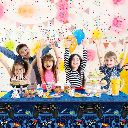 Miniatura 6 de Tatuo 3 fundas de mesa de videojuegos, decoración de cumpleaños temática de juegos, mantel de plástico, suministros de fiesta para niños y niñas