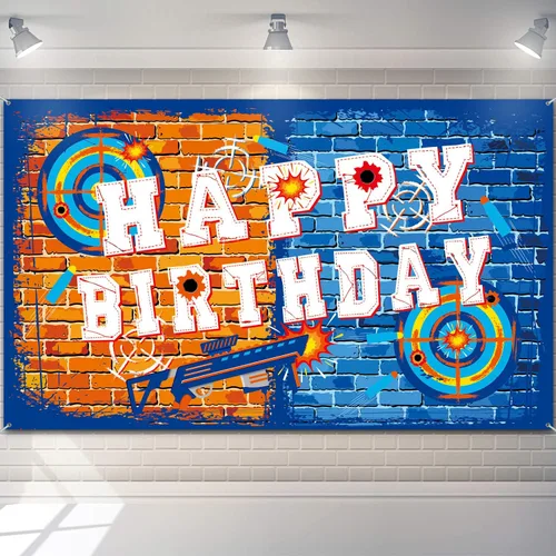 Tatuo Fondo de pistola de feliz cumpleaños, decoración de fiesta, suministros de dardos, fondo de batalla, agua para decoración temática de fiesta