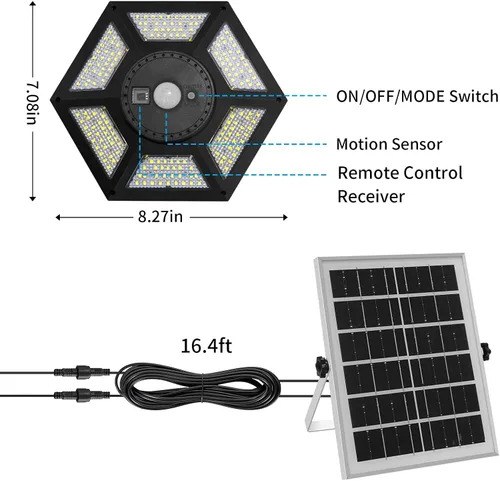 Miniatura 7 de Lámpara solar para cobertizo interior y exterior de 180 LED, lámpara colgante de doble cabezal alimentada por energía solar, luces de trabajo Negro