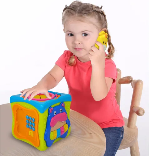 Miniatura 4 de Kiddieland Cubo de actividad de luz y sonido para niños pequeños – teclas de piano musical, clasificador de formas de animales, 6 lados de juego