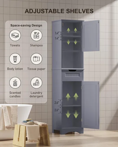 Miniatura 5 de Gizoon Armario de baño de 67 pulgadas de alto, armario de almacenamiento con 2 puertas y cajón, torre de lino estrecha con estantes ajustables