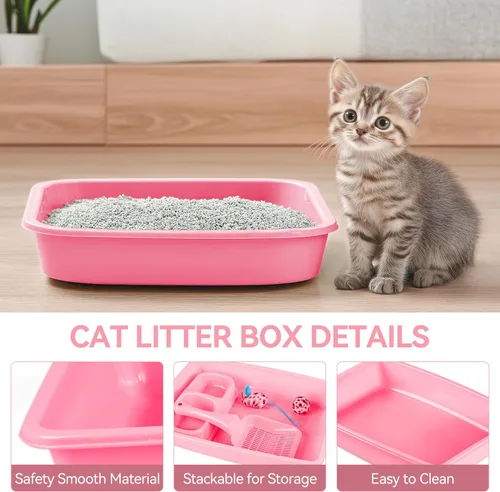 Miniatura 5 de PAWISE Kit de caja de arena para gatos recién nacidos, kit de 5 piezas con bandeja de arena de entrada baja, cuchara, cuencos de alimentación y Rosa