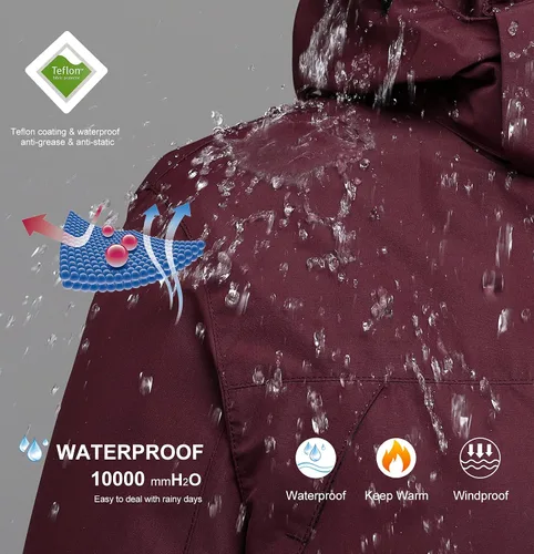 Miniatura 4 de PTSOC Womens 3 in 1 Waterproof Ski Jacket Warm Winter Snow Coat Windproof Hooded Snowboarding Raincoat