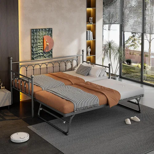 Cama de día con cama nido, tamaño individual, cama de metal con cama nido desplegable, sofá cama para adultos y niños, dormitorio de invitados, sala