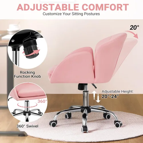 Miniatura 6 de Yaheetech Silla de escritorio linda con diseño de pétalos, silla de oficina en casa, silla giratoria de piel tapizada, silla de tocador de rosado
