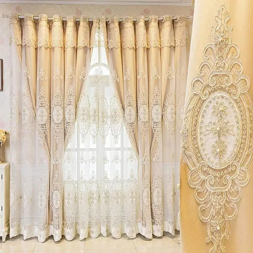 Miniatura 10 de Amidoudou 1 par de cortinas europeas de doble capa con cenefas para sala de estar, dormitorio, cortinas bordadas con flores 3D de lujo