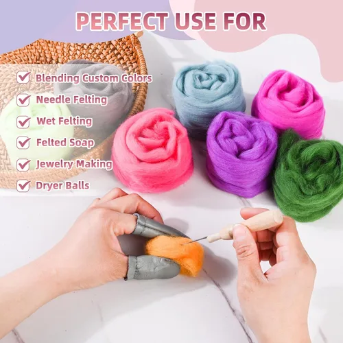 Miniatura 3 de 24 tipos de lana rosa, 4.23 oz (120 g), adecuado para fieltro húmedo y fieltro de aguja de telas hiladas de lana. Un paquete de prueba está Tonos