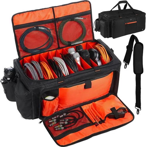 Bolsa de DJ grande incorporada resistente tablero de soporte, bolsa de cable de DJ con 9 divisores desmontables y correa acolchada para el hombro,
