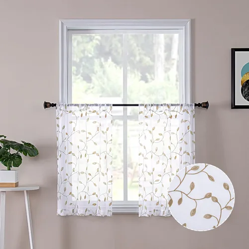 Miniatura 31 de Tollpiz Cortinas Cortas Transparentes de Hojas con Bordado de Hojas Grises, Cortinas de Dormitorio con Bolsillo para Barra, Voile de Lino Sintético