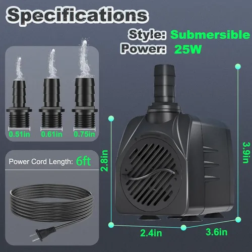 Miniatura 5 de SongLong Bomba sumergible de 400 GPH (1500L 25 W) ultra silenciosa con protección contra sobrecalentamiento, elevación de 6.5 pies de alto