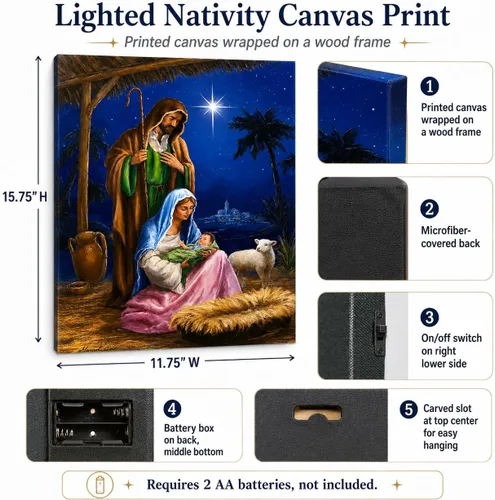 Miniatura 5 de BANBERRY DESIGNS Nativity - Lienzo decorativo para pared, cuadro LED de la Sagrada Familia con María José y el Niño Jesús, escena de establo