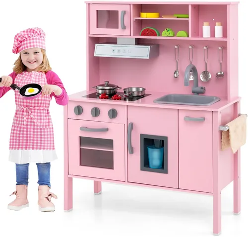 Miniatura 12 de Costzon Juego de cocina para niños, juego de cocina de madera con sonido, microondas, horno, máquina de hielo, campana extractora, estufas