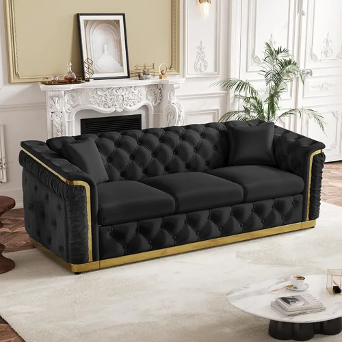 Miniatura 18 de Juego de 2 sofás Chesterfield de lujo, sofá victoriano copetudo negro y dorado, moderno de mediados de siglo, juego de sofás de 3 plazas para sala