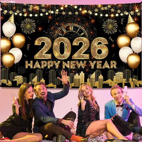 Miniatura 3 de Katchon, Xtralarge - Cartel de feliz año nuevo – 72 x 44 pulgadas Cartel dorado de feliz año nuevo 2026 para decoraciones de Año Nuevo 2026