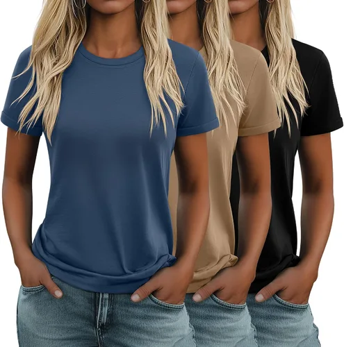 Miniatura 26 de Huukeay Paquete de 3 camisetas de algodón para mujer, estilo casual, de manga corta, cuello redondo, ajuste holgado, básica, lisa