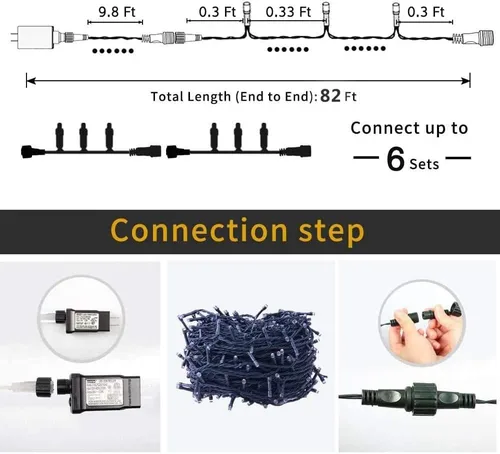 Miniatura 3 de Guirnalda de luces para decoración de Navidad, 82.0 ft, 220 LED, 8 modos, función de extremo a extremo, extensible, enchufable, impermeable