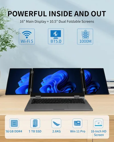 Miniatura 6 de KOOFORWAY Portátil de triple pantalla, principal de 16 pulgadas + monitores duales de 10.5 pulgadas, Core i7-12700H, 32 GB de RAM, SSD de 2 TB, Win
