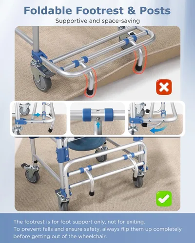 Miniatura 7 de Silla de ruedas con brazos caídos y ruedas bloqueables, silla de ducha de aluminio impermeable, capacidad de 330 libras, inodoros portátiles