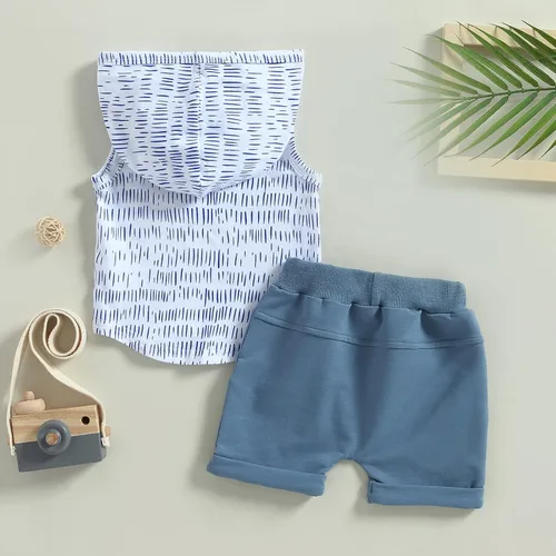 Miniatura 28 de Conjunto de ropa de verano para bebé niño y niño, diseño a cuadros, manga corta, sudadera con capucha y pantalones cortos casuales