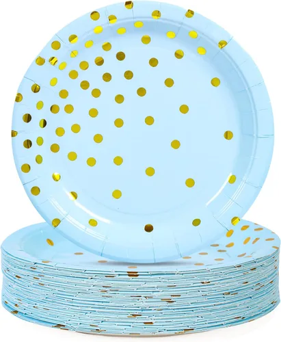 Miniatura 9 de Suministros de fiesta en blanco y oro rosa, platos de postre de papel con puntos dorados (50 unidades)