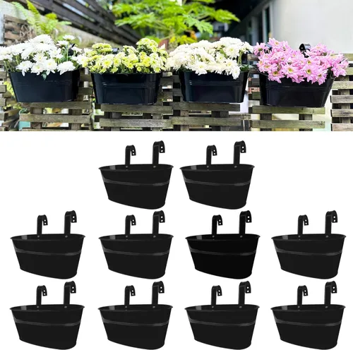 Miniatura 14 de LaLaGreen Maceta de Riel para Plantas de Exterior (11.2 Pulgadas, Paquete de 8) Macetas Colgantes de Hierro Metal Negro Barandillas de Terraza Cubos