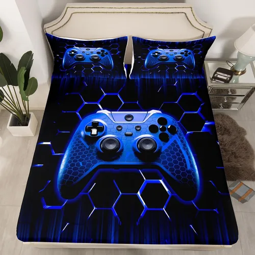 Miniatura 4 de Manfei Honeycomb - Juego de sábanas con diseño de mando de videojuegos tamaño Twin, juego de ropa de cama geométrica azul con controlador