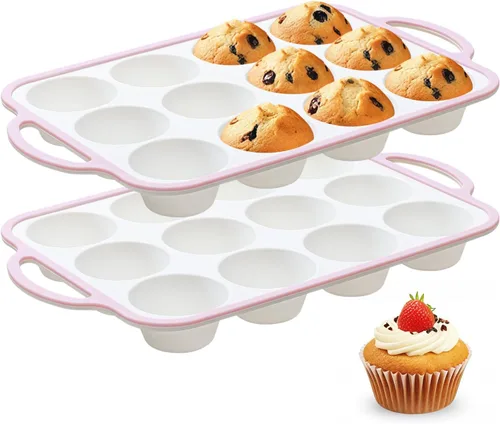 Miniatura 18 de Moldes de silicona para magdalenas para hornear 2 paquetes, 6.6 cm con marco reforzado de metal, molde antiadherente de tamaño regular para cupcakes