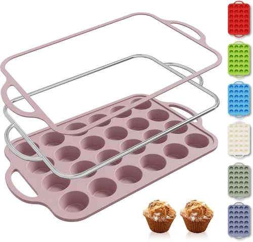 Miniatura 43 de 2 paquetes de 12 tazas de molde para magdalenas de silicona para hornear con marco reforzado de metal, molde para cupcakes de tamaño regular, Crema