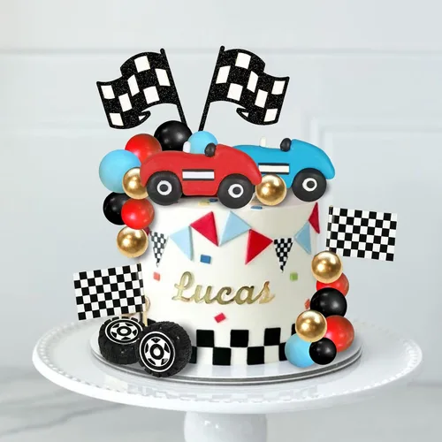 25 adornos para tartas de carreras, color rojo y azul, arcilla, decoración de pastel de cumpleaños para coches de carreras, bandera a cuadros,