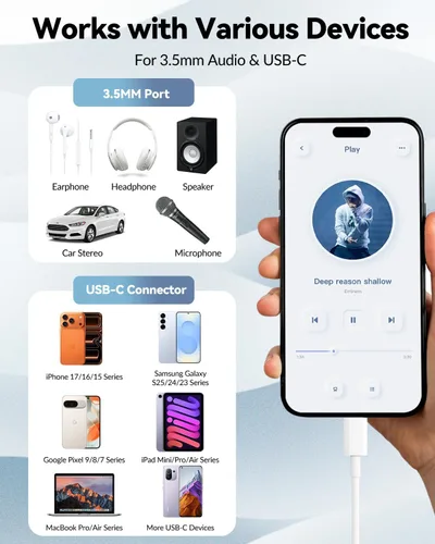 Miniatura 6 de Seulliya Adaptador USB C a 3.5mm de conector de auriculares para iPhone 17/16/15 Pro/Max, DAC Dongle de audio de alta resolución, convertidor