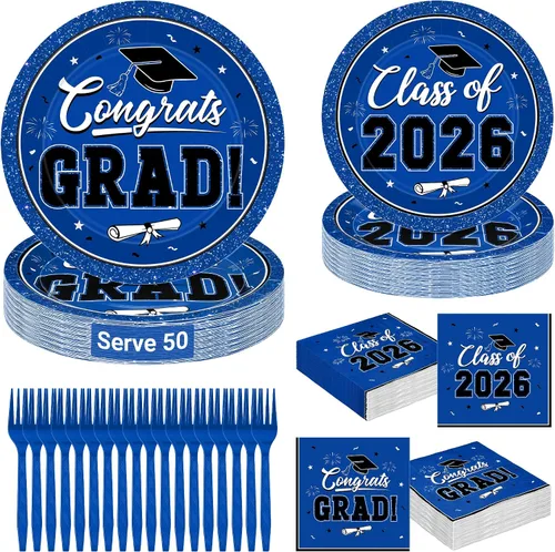 Miniatura 18 de QZYL 200 suministros para fiesta de graduación 2026, platos y servilletas de graduación negros y dorados, platos de postre desechables y tenedores