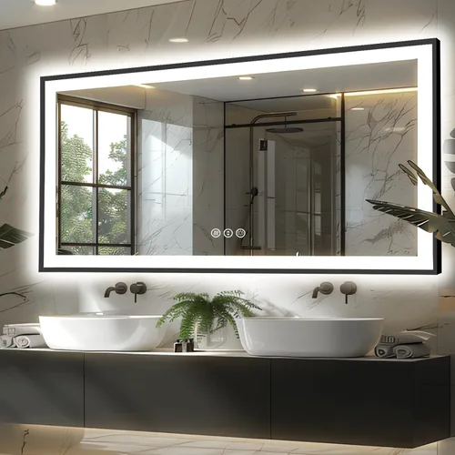 Miniatura 10 de Espejo de baño LED de 20 x 28 pulgadas para pared, marco negro (metal, aluminio), luz frontal y retroiluminada, 3 colores y espejo de tocador