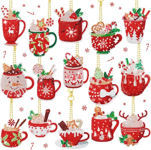 BBTO 15 piezas de adornos de Navidad con diseño de diamantes de cacao caliente, pintura de diamante, llaveros colgantes para manualidades, adornos