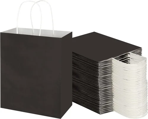 Toovip Paquete de 100 bolsas de papel kraft negras medianas de 8 x 4.75 x 10 pulgadas con asas a granel, bolsas de regalo para regalos de