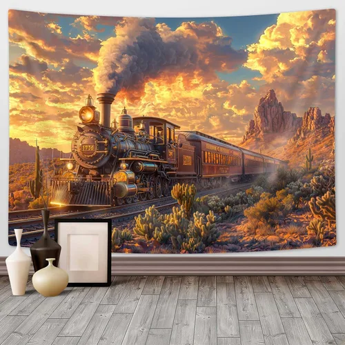 Miniatura 11 de Tapiz de Tren de Vapor, Tapices de Paisaje Otoñal de Tren de Motor Antiguo Decoración para Niños, Tapices de Arte de Acuarela de Bosque de Montaña
