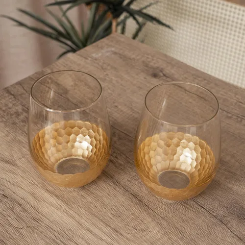 Miniatura 3 de Copas de vino sin tallo, juego de 2, 18 onzas, diseño de panal dorado