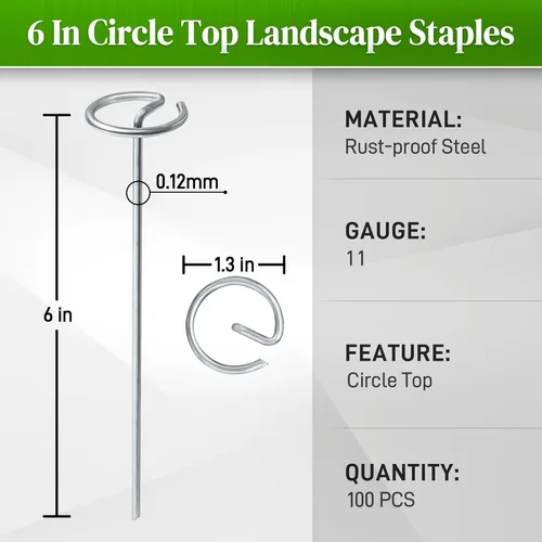 Miniatura 2 de Quibbay 100 grapas circulares para paisaje, pasadores de tela de paisaje de calibre 11, no se doblan fácilmente estacas de tela galvanizada de 6
