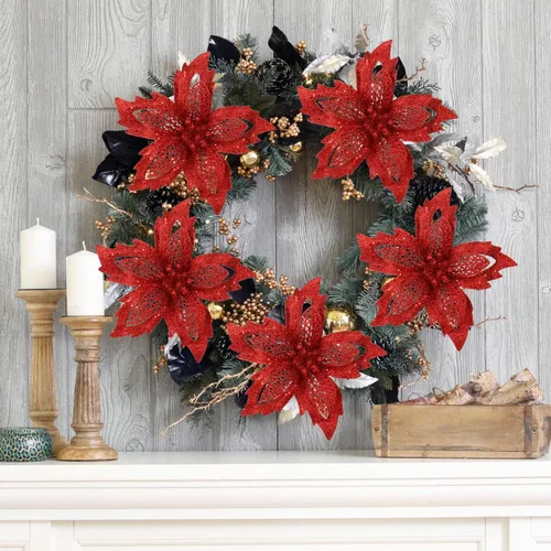 Miniatura 3 de Briful Flores de Pascua de Navidad de 7.5 pulgadas, 10 unidades, flores artificiales con purpurina roja, flores grandes para decoración de árbol