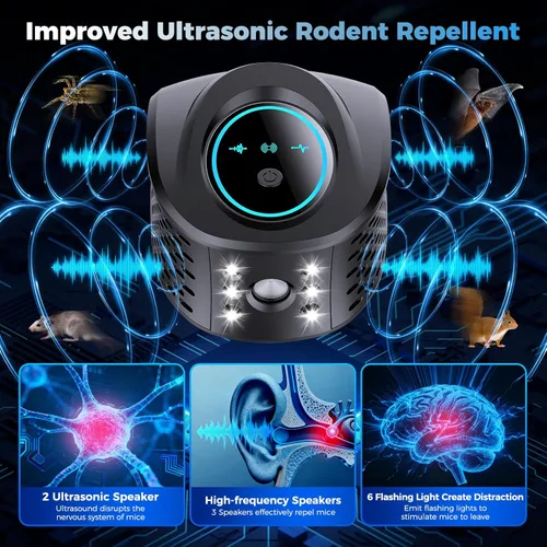 Miniatura 2 de Repelente de roedores con enchufe ultrasónico, repelente de plagas ultrasónico de 360° para interiores con luz estroboscópica LED para casa